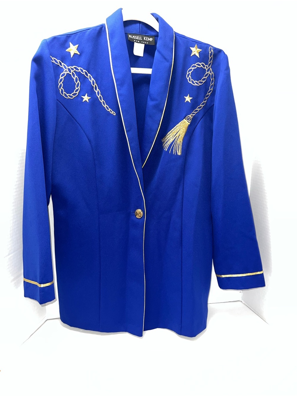 Russell Kemp Royal Blue Embroidered Blazer with Gold Trim Stars Tassels